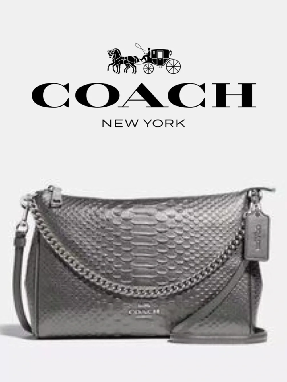 Coach Carrie Python Embossed Leather F35059 Pewter Silver Gunmetal Chain Bag